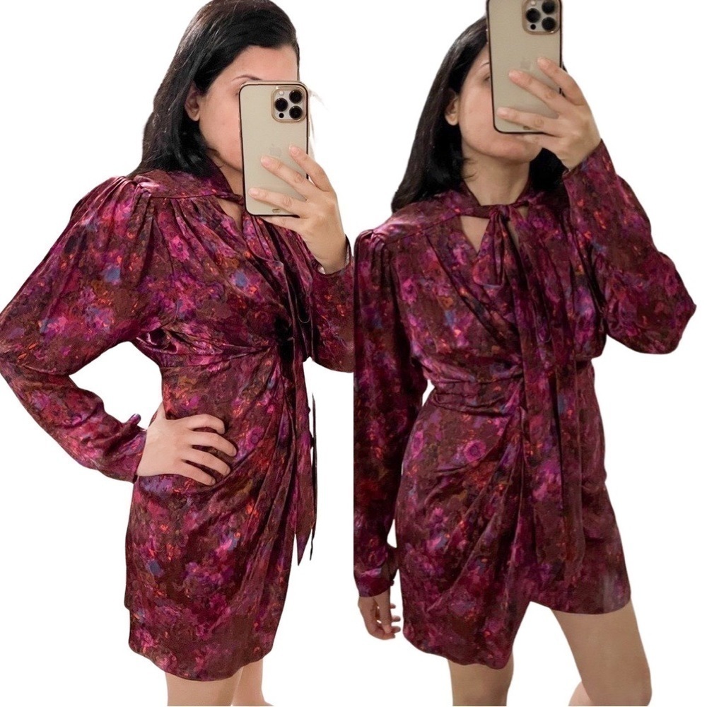 NWT RONNY KOBO Lula Silk Floral Draped Bow Burgundy Mini Dress Sz S - Picture 3 of 6